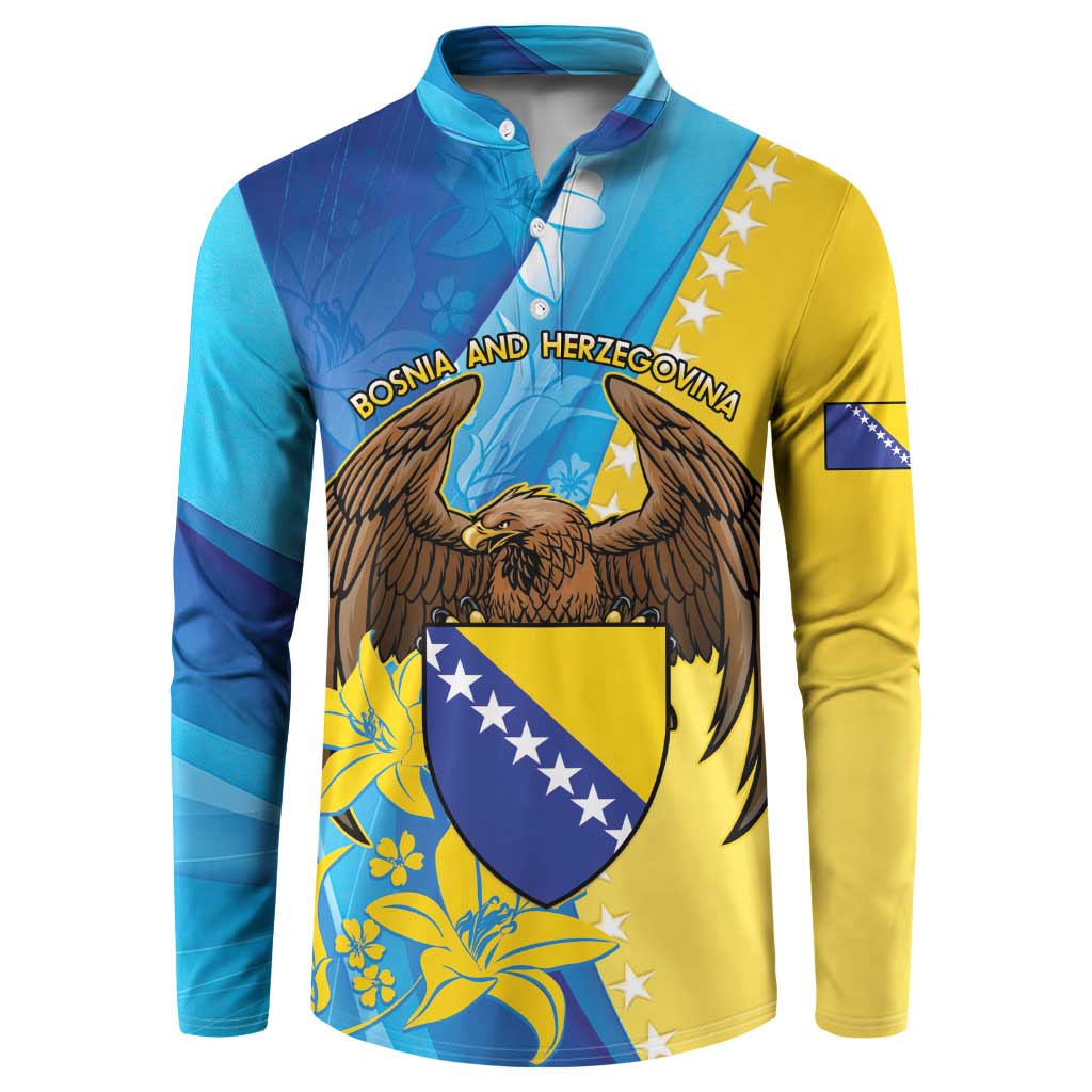 Color-block button sweatshirt with Bosnia crest and eagle on blue and yellow
