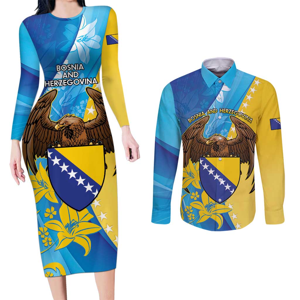 Personalised Bosnia and Herzegovina Independence Day Couples Matching Long Sleeve Bodycon Dress and Long Sleeve Button Shirt Lilium Bosniacum With Eagle Curve Style - Wonder Print Shop