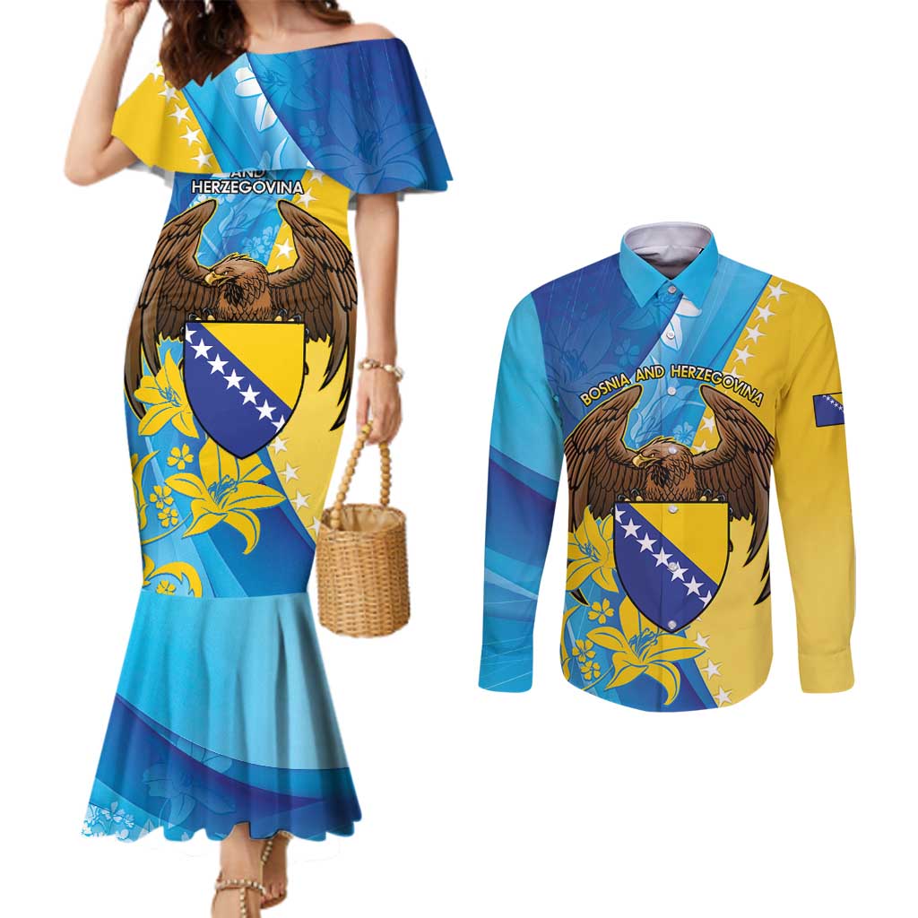 Personalised Bosnia and Herzegovina Independence Day Couples Matching Mermaid Dress and Long Sleeve Button Shirt Lilium Bosniacum With Eagle Curve Style