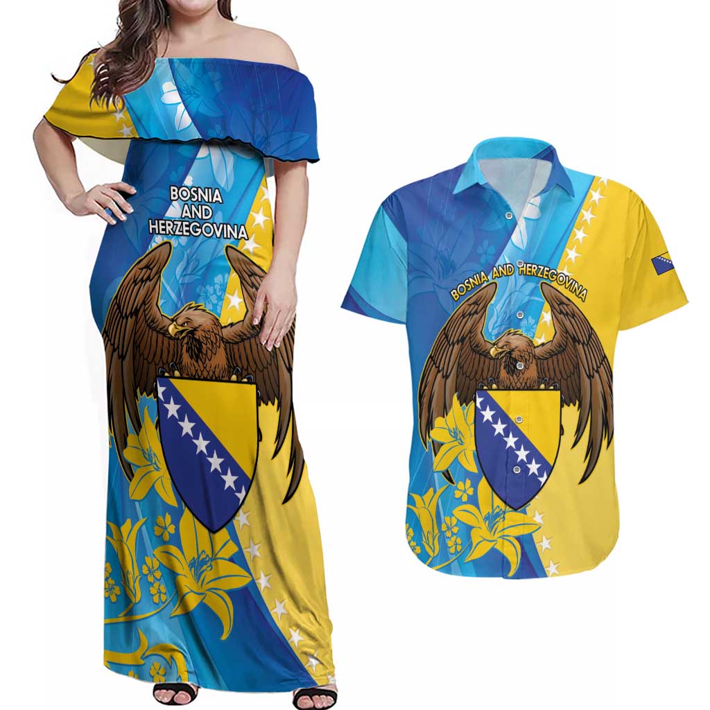 Personalised Bosnia and Herzegovina Independence Day Couples Matching Off Shoulder Maxi Dress and Hawaiian Shirt Lilium Bosniacum With Eagle Curve Style - Wonder Print Shop