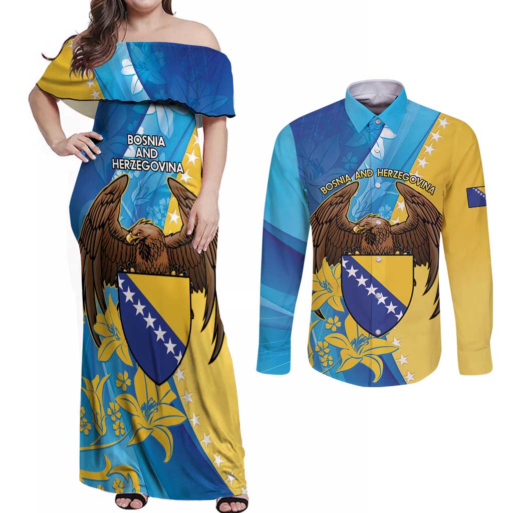 Personalised Bosnia and Herzegovina Independence Day Couples Matching Off Shoulder Maxi Dress and Long Sleeve Button Shirt Lilium Bosniacum With Eagle Curve Style - Wonder Print Shop