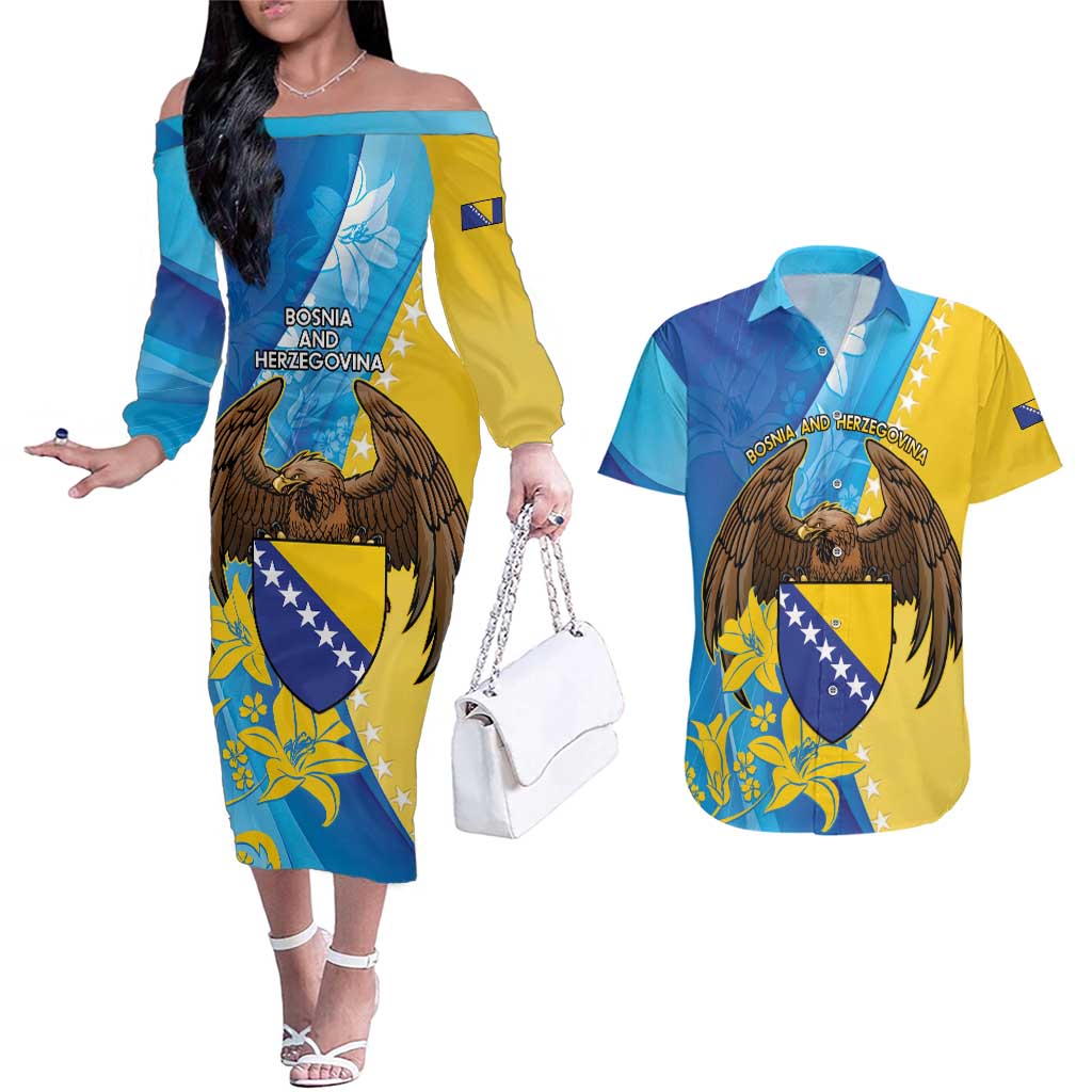 Personalised Bosnia and Herzegovina Independence Day Couples Matching Off The Shoulder Long Sleeve Dress and Hawaiian Shirt Lilium Bosniacum With Eagle Curve Style - Wonder Print Shop