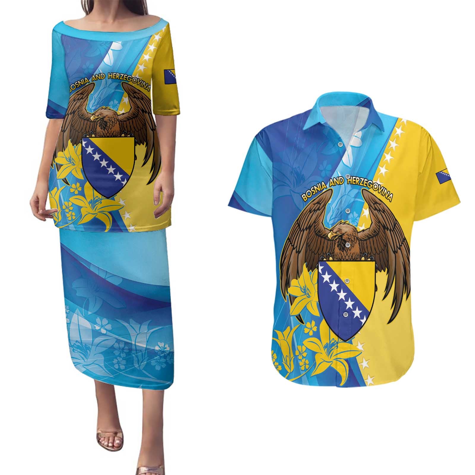 Personalised Bosnia and Herzegovina Independence Day Couples Matching Puletasi and Hawaiian Shirt Lilium Bosniacum With Eagle Curve Style - Wonder Print Shop