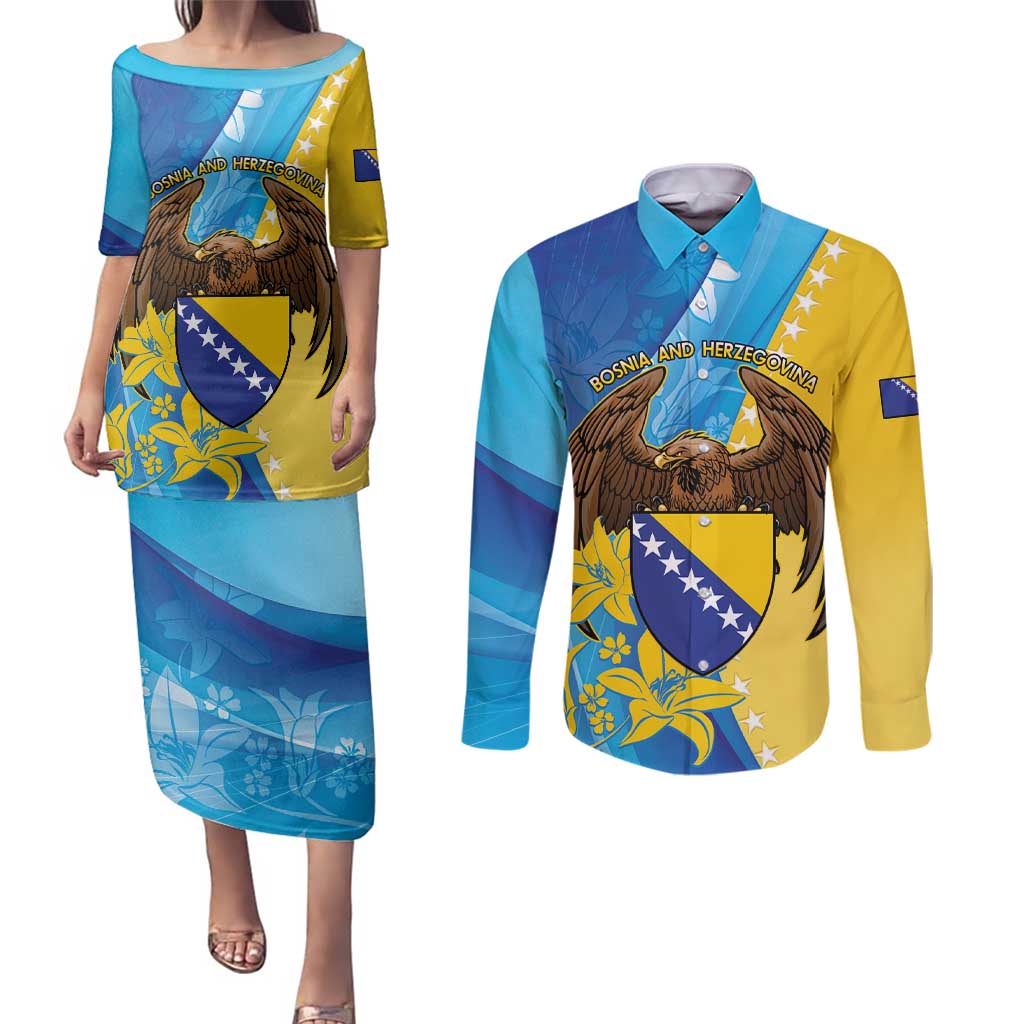 Personalised Bosnia and Herzegovina Independence Day Couples Matching Puletasi and Long Sleeve Button Shirt Lilium Bosniacum With Eagle Curve Style - Wonder Print Shop