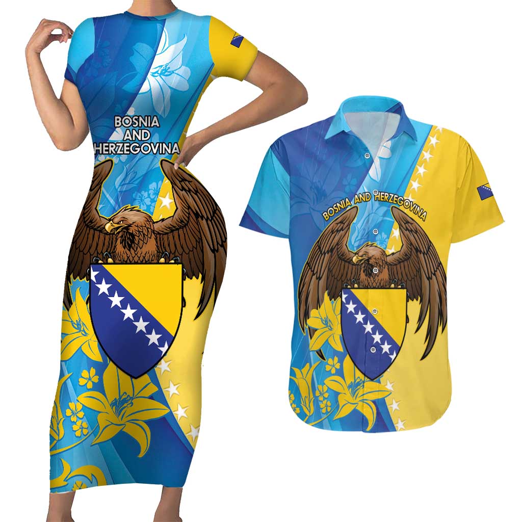 Personalised Bosnia and Herzegovina Independence Day Couples Matching Short Sleeve Bodycon Dress and Hawaiian Shirt Lilium Bosniacum With Eagle Curve Style - Wonder Print Shop