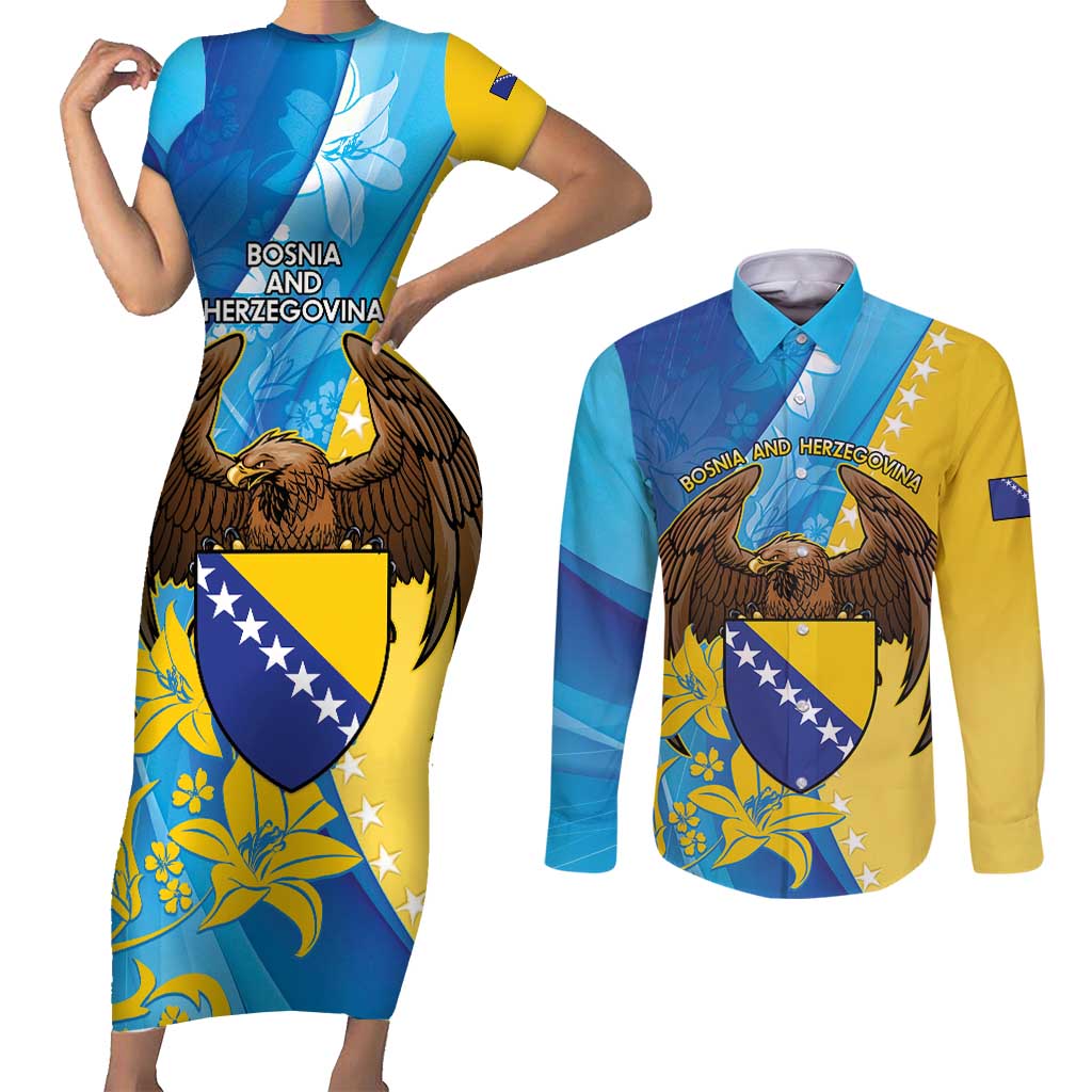 Personalised Bosnia and Herzegovina Independence Day Couples Matching Short Sleeve Bodycon Dress and Long Sleeve Button Shirt Lilium Bosniacum With Eagle Curve Style - Wonder Print Shop