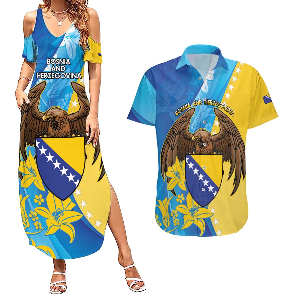 Personalised Bosnia and Herzegovina Independence Day Couples Matching Summer Maxi Dress and Hawaiian Shirt Lilium Bosniacum With Eagle Curve Style - Wonder Print Shop