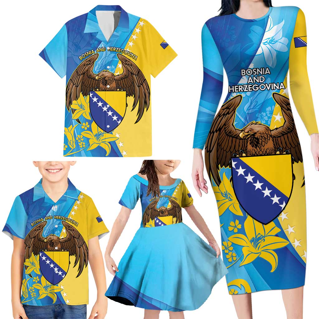 Personalised Bosnia and Herzegovina Independence Day Family Matching Long Sleeve Bodycon Dress and Hawaiian Shirt Lilium Bosniacum With Eagle Curve Style - Wonder Print Shop