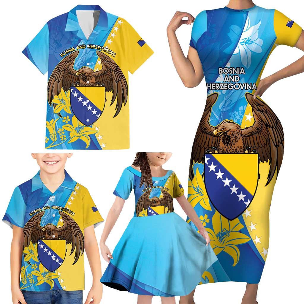 Personalised Bosnia and Herzegovina Independence Day Family Matching Short Sleeve Bodycon Dress and Hawaiian Shirt Lilium Bosniacum With Eagle Curve Style - Wonder Print Shop