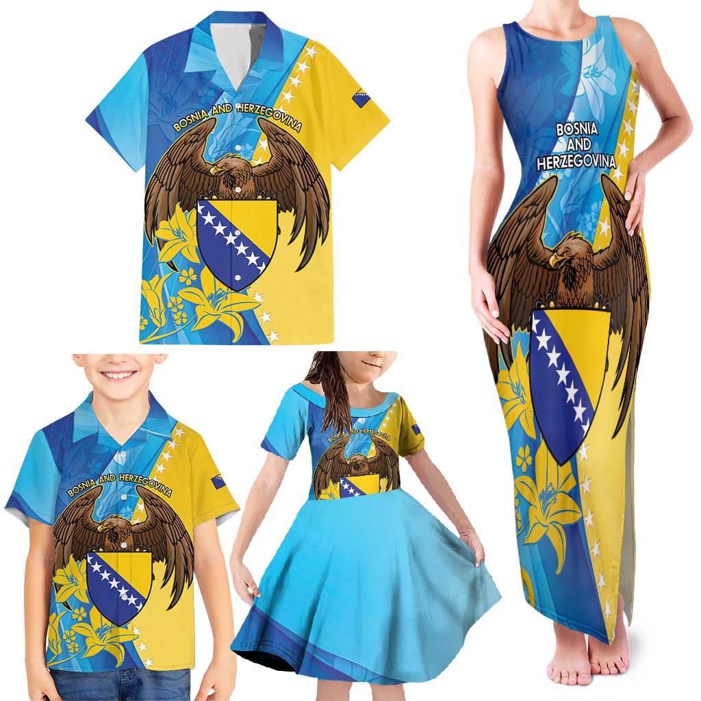 Personalised Bosnia and Herzegovina Independence Day Family Matching Tank Maxi Dress and Hawaiian Shirt Lilium Bosniacum With Eagle Curve Style - Wonder Print Shop