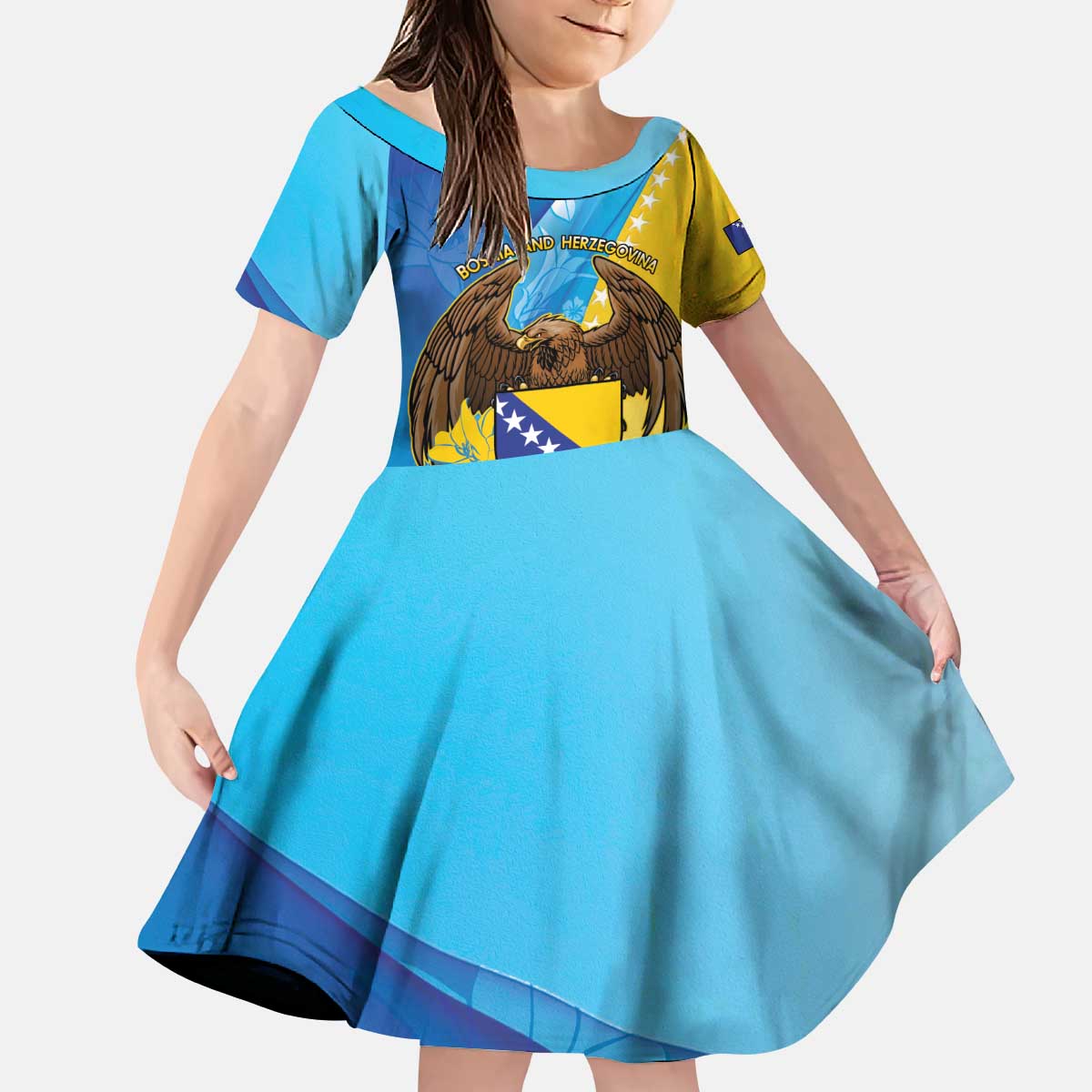 Personalised Bosnia and Herzegovina Independence Day Kid Short Sleeve Dress Lilium Bosniacum With Eagle Curve Style - Wonder Print Shop