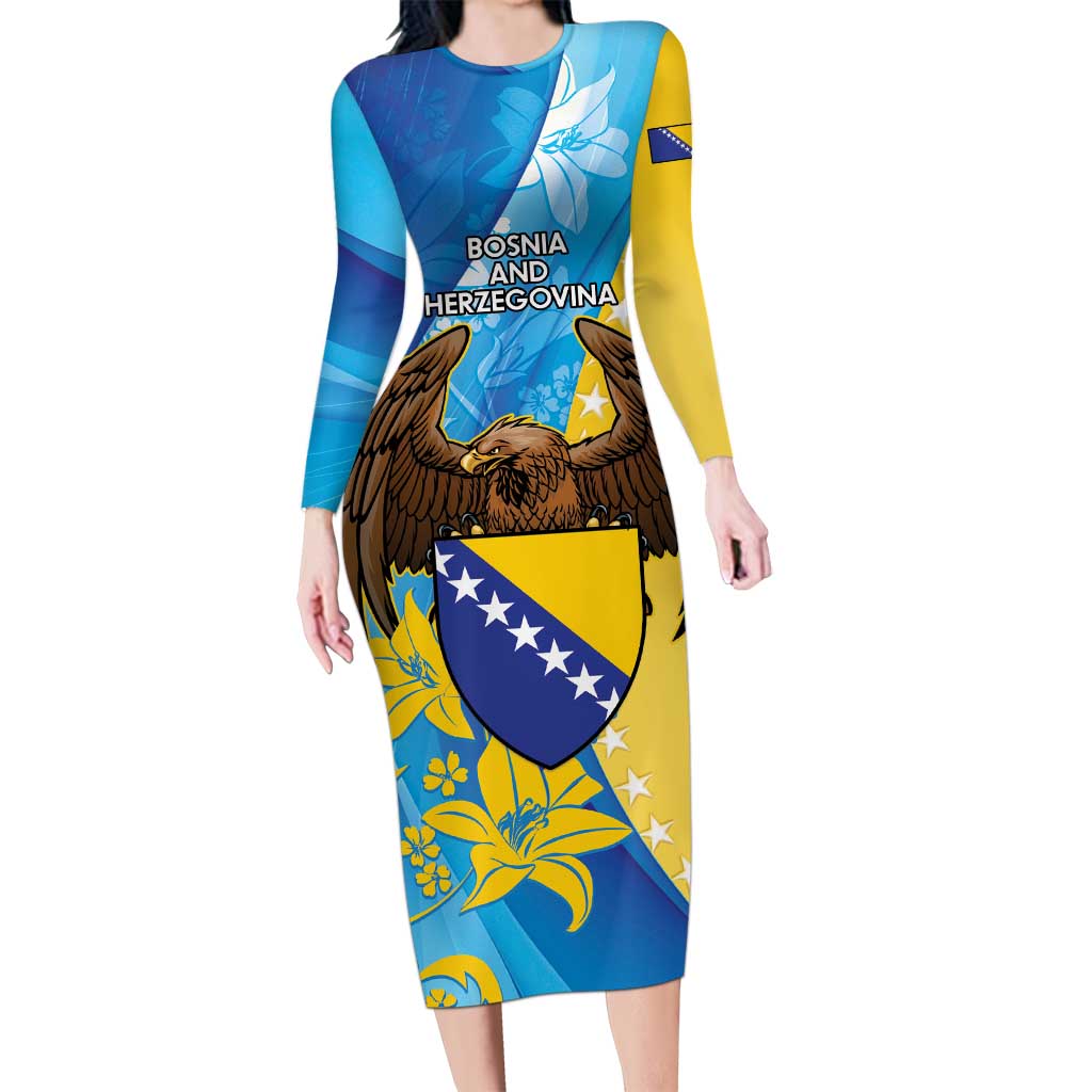 Personalised Bosnia and Herzegovina Independence Day Long Sleeve Bodycon Dress Lilium Bosniacum With Eagle Curve Style - Wonder Print Shop