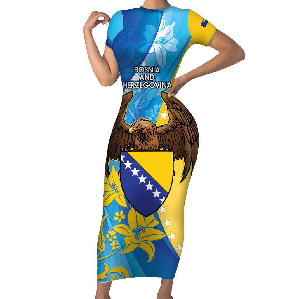 Personalised Bosnia and Herzegovina Independence Day Short Sleeve Bodycon Dress Lilium Bosniacum With Eagle Curve Style - Wonder Print Shop