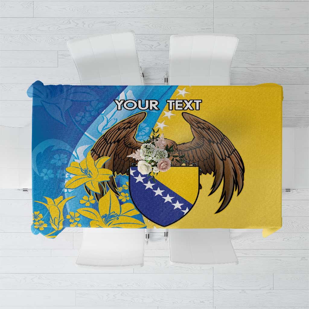 Personalized Bosnia and Herzegovina eagle tablecloth, blue and yellow with shield stars
