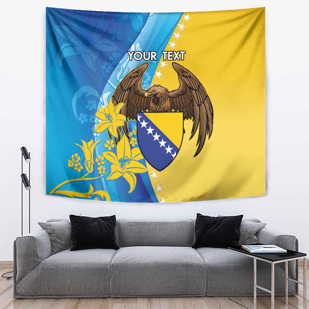 Wall tapestry with blue-and-yellow flag design, eagle emblem, and space for text