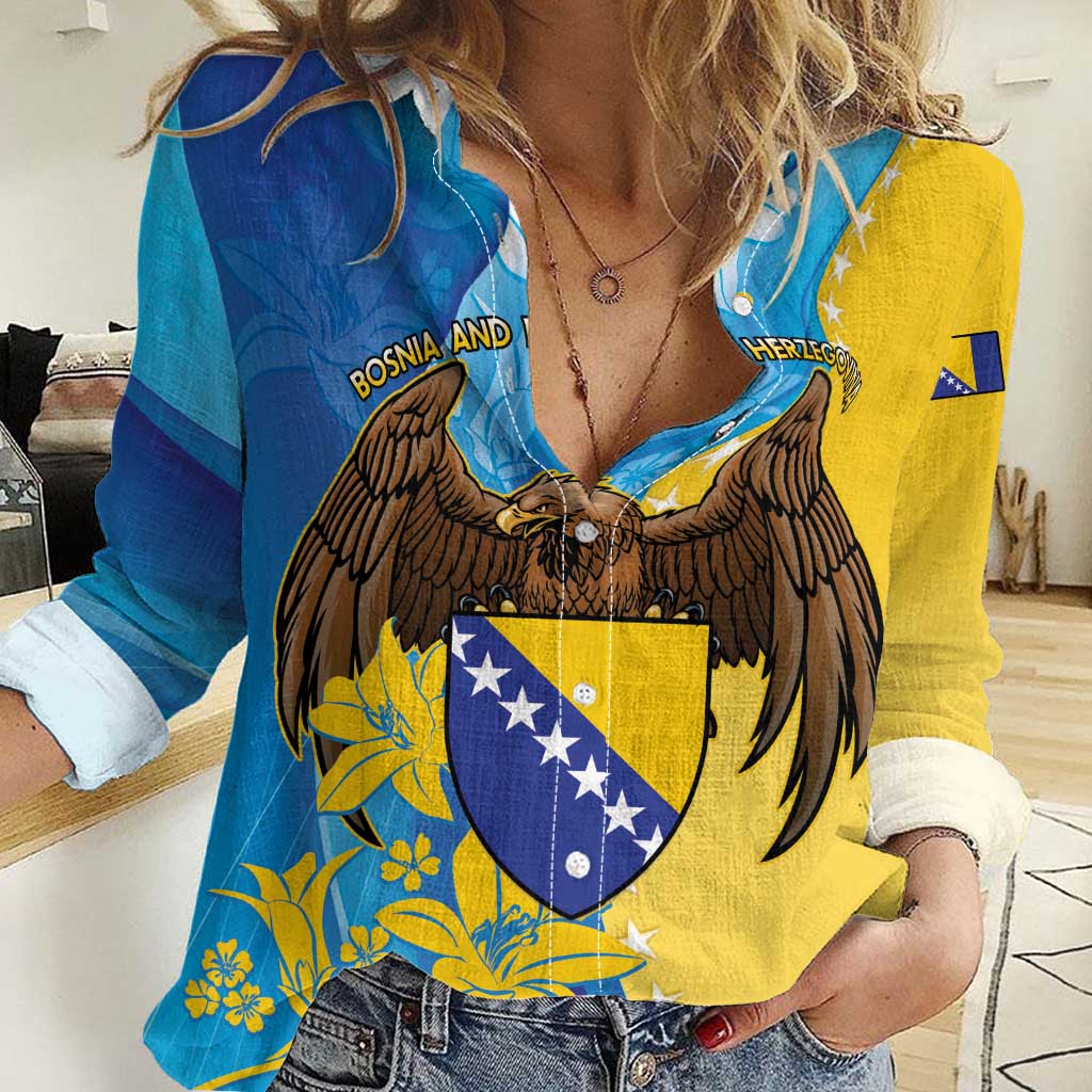 Personalised Bosnia and Herzegovina Independence Day Women Casual Shirt Lilium Bosniacum With Eagle Curve Style - Wonder Print Shop