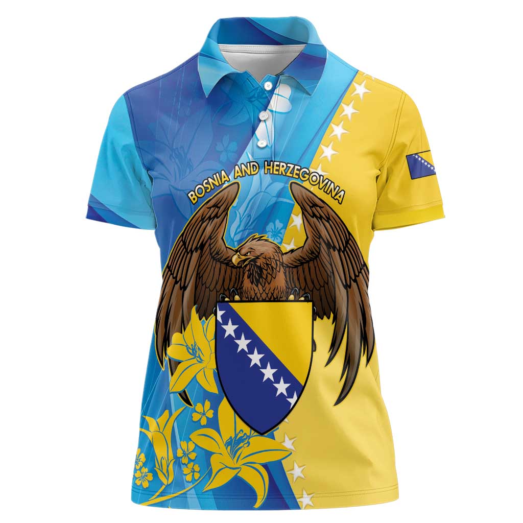 Personalised Bosnia and Herzegovina Independence Day Women Polo Shirt Lilium Bosniacum With Eagle Curve Style - Wonder Print Shop