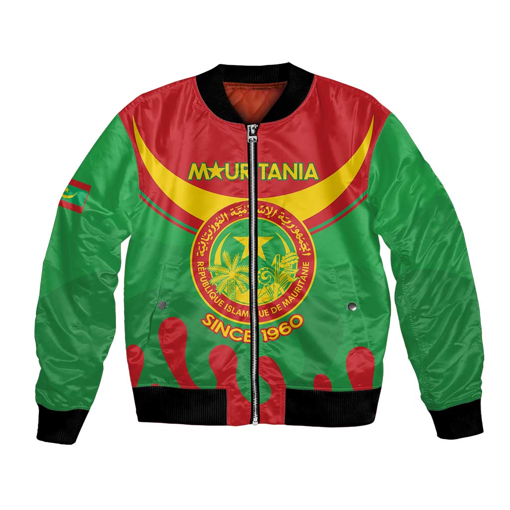 Green and red bomber jacket with zip front, black ribbed collar and cuffs, crest emblem