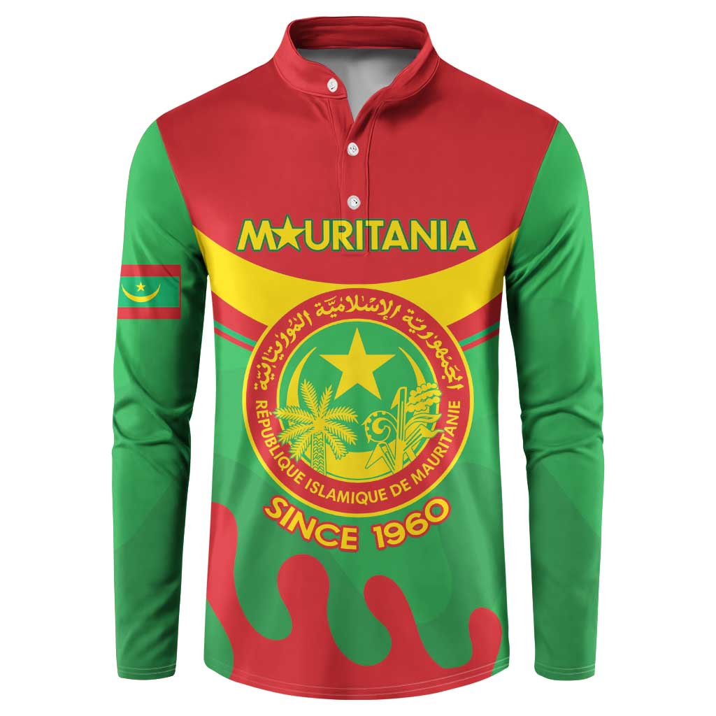Red and green Mauritania flag button sweatshirt with coat of arms and map graphic