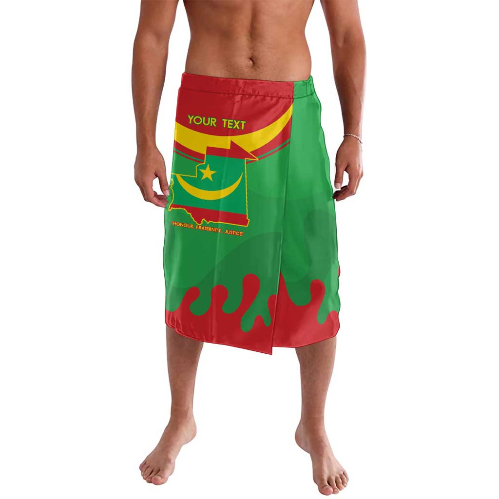 Green personalized lavalava with Mauritania flag emblem and map print, red waistband
