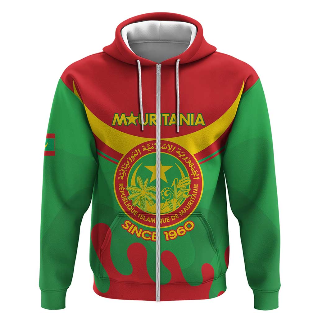 Personalised Mauritania Independence Day Zip Hoodie Coat Of Arms With Map Flag Color - Wonder Print Shop