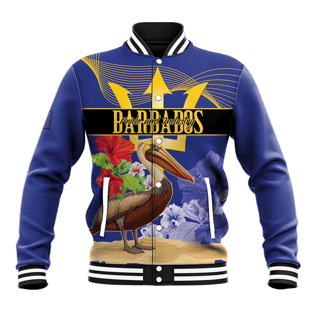 Blue baseball jacket with striped rib collar and cuffs, snap front, colorful graphic print