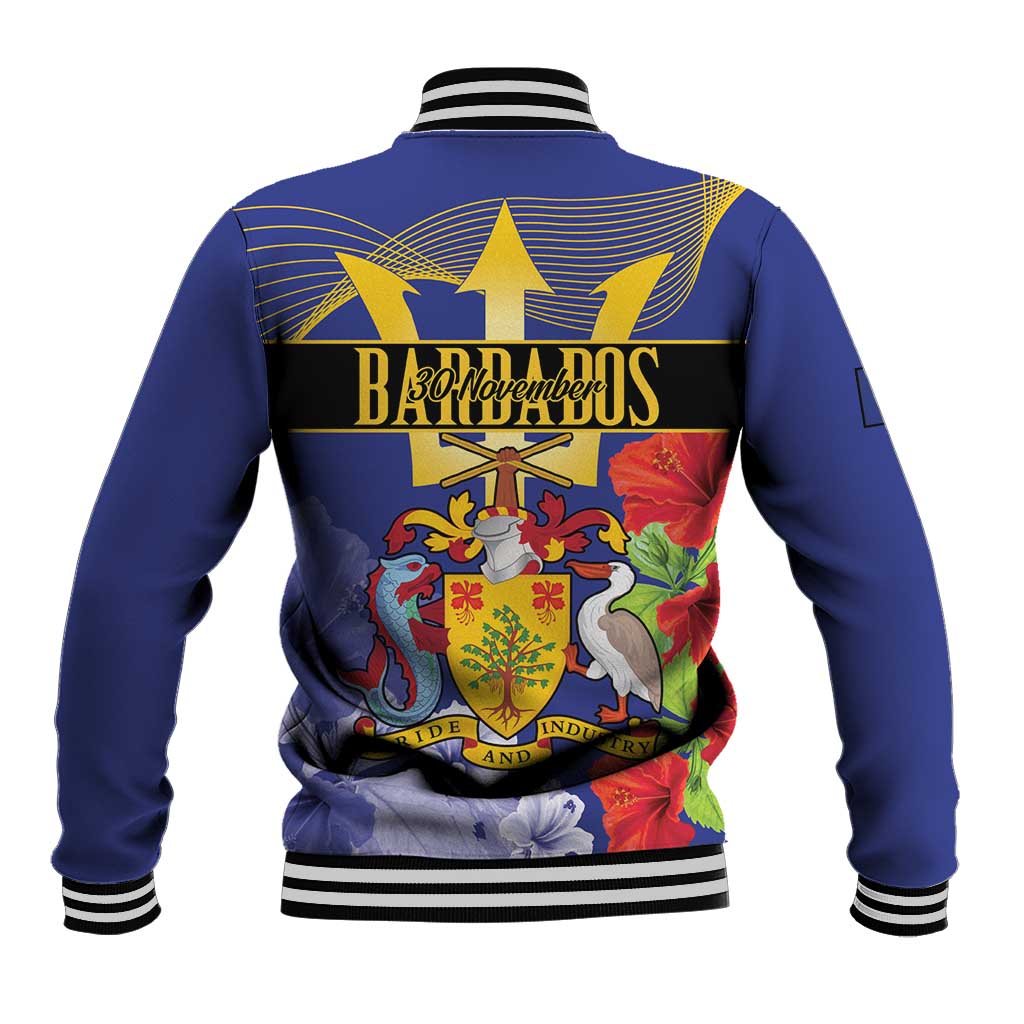 Blue baseball jacket with striped rib collar and cuffs, back graphic print, snap buttons