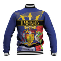 Blue baseball jacket with striped rib collar and cuffs, back graphic print, snap buttons