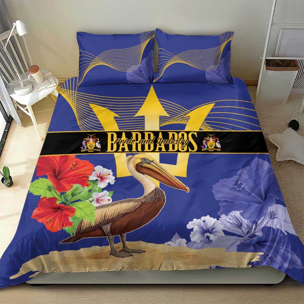 Blue bedding set with pelican, hibiscus flowers, and gold trident emblem; duvet with two pillowcases