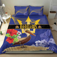 Blue bedding set with pelican, hibiscus flowers, and gold trident emblem; duvet with two pillowcases