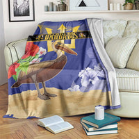 Blue decorative blanket with gold star, pelican, and floral prints