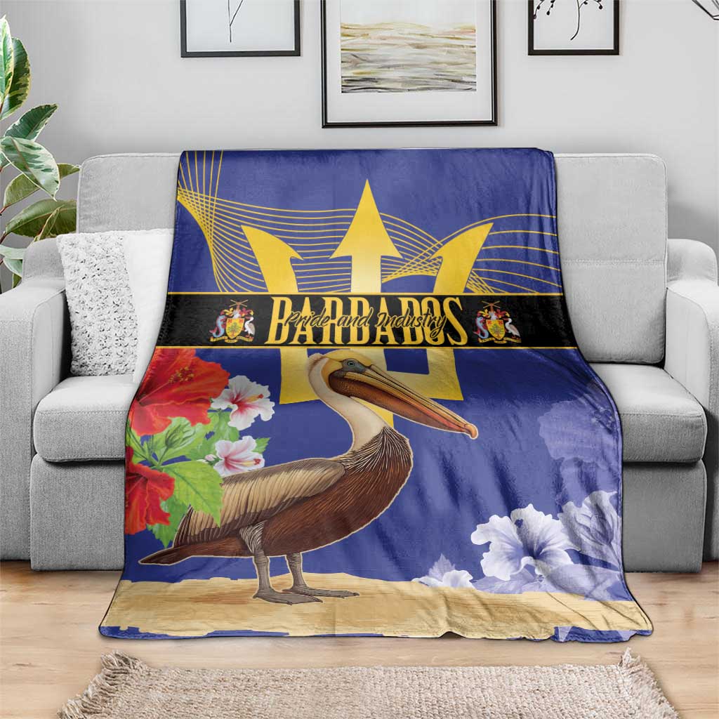 Blue throw blanket with large gold star, pelican bird, and flower accents