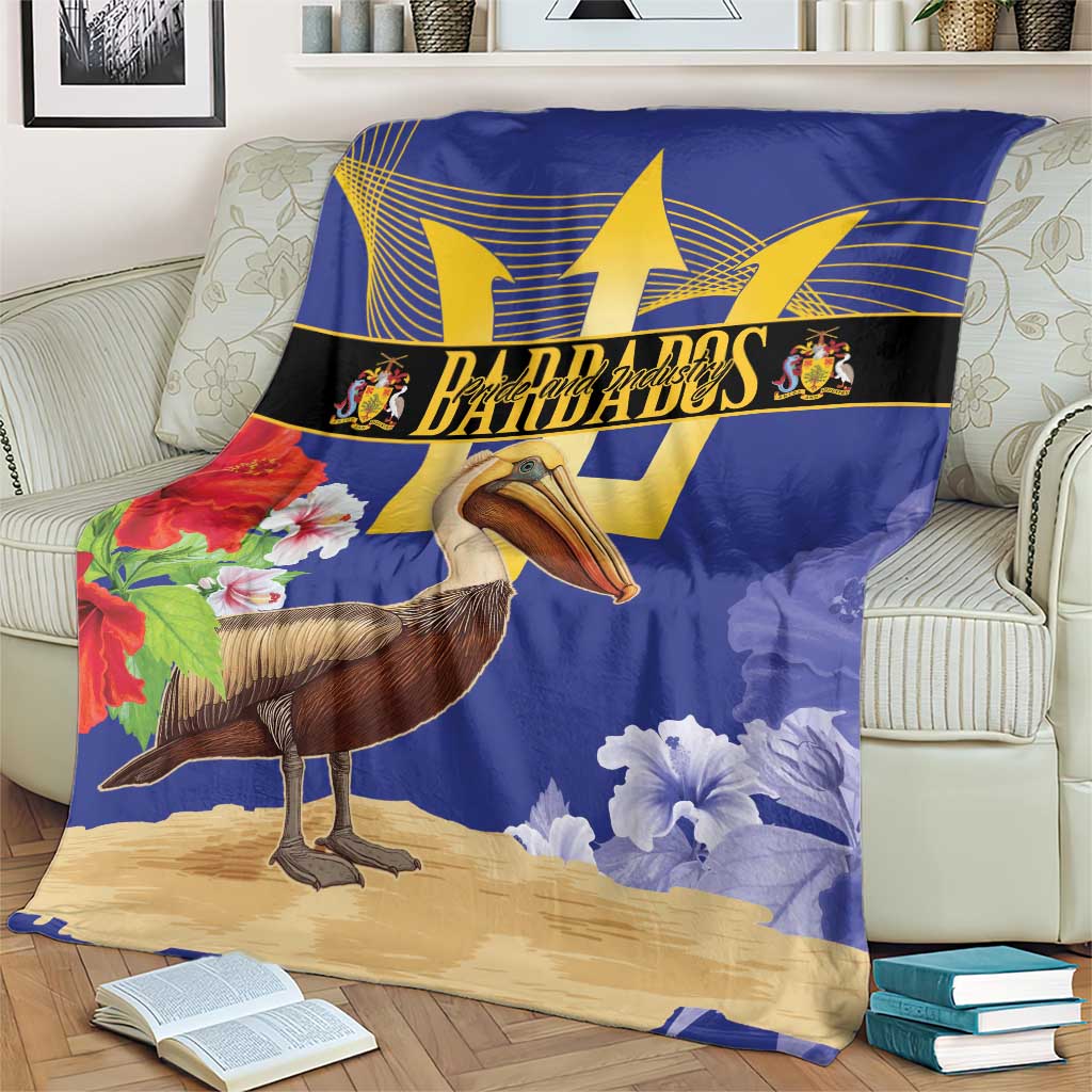 Blue blanket with gold star banner, pelican, and purple flower prints