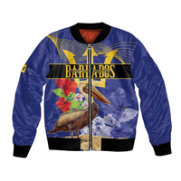 Blue bomber jacket with full-zip front and Barbados coat-of-arms graphic