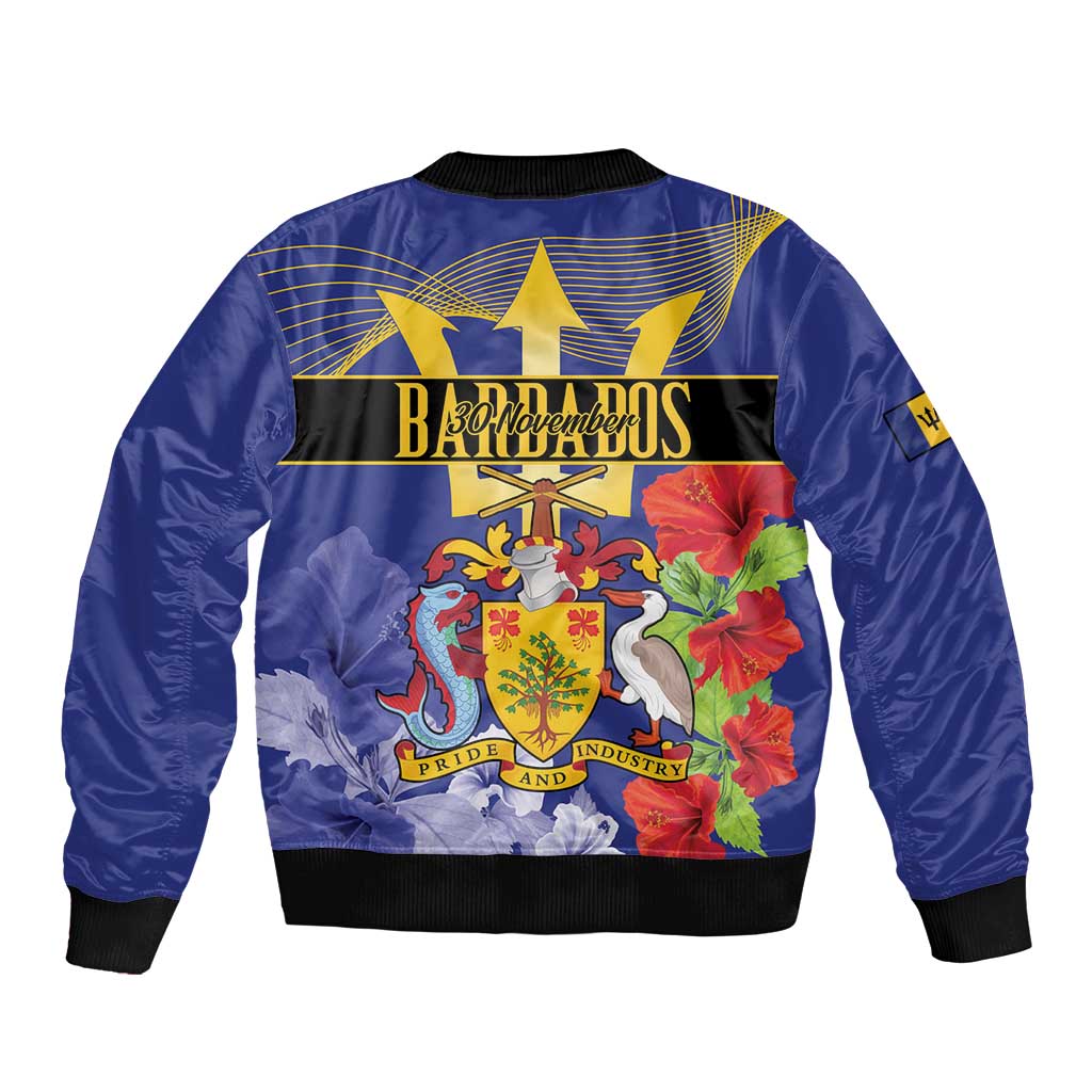 Blue bomber jacket with ribbed cuffs and large Barbados crest back graphic