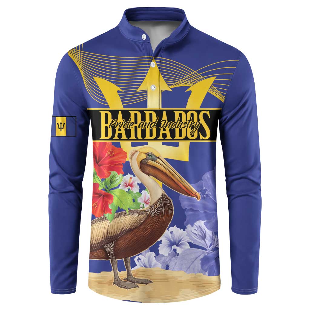 Blue button henley sweatshirt, front pelican print with flowers and “Pride and Industry”