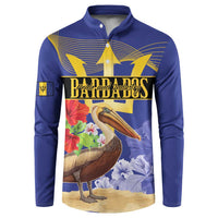 Blue button henley sweatshirt, front pelican print with flowers and “Pride and Industry”