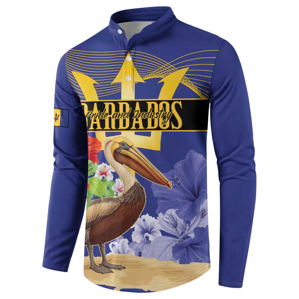 Blue button henley sweatshirt, front pelican graphic under gold star and stripes