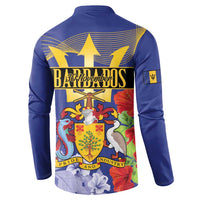 Blue button henley sweatshirt, back crest design with trident and “Pride and Industry”