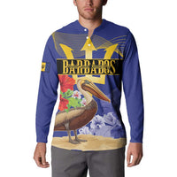 Blue button henley sweatshirt, front view with pelican, floral, and gold text