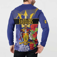 Blue button henley sweatshirt, back graphic with pelican, trident, and Barbados text