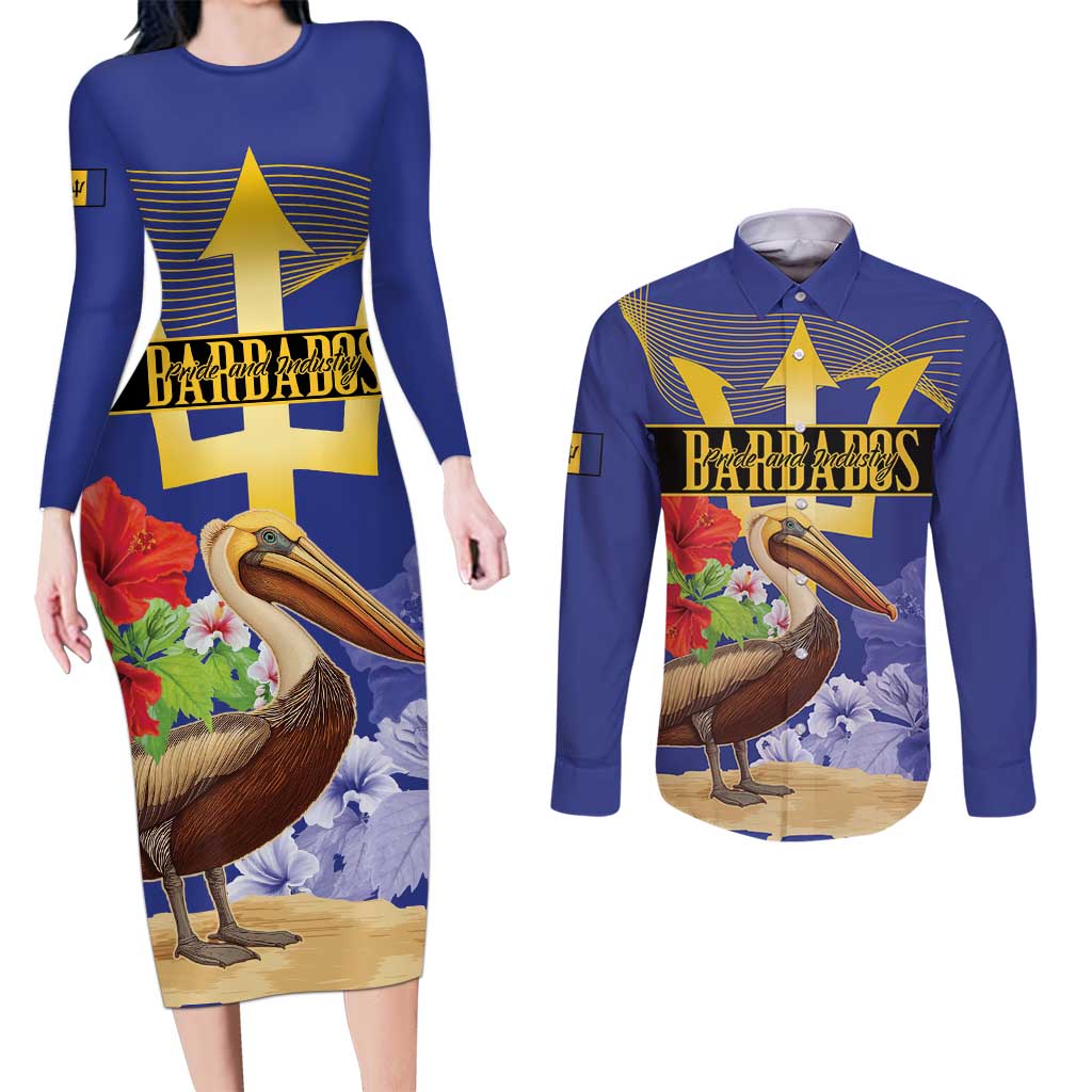 Barbados Independence Day Couples Matching Long Sleeve Bodycon Dress and Long Sleeve Button Shirt 30 November Brown Pelican With Trident - Wonder Print Shop