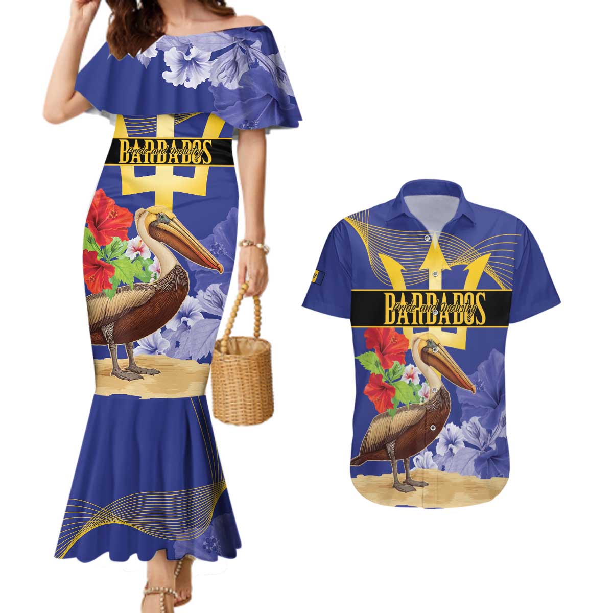 Barbados Independence Day Couples Matching Mermaid Dress and Hawaiian Shirt 30 November Brown Pelican With Trident - Wonder Print Shop