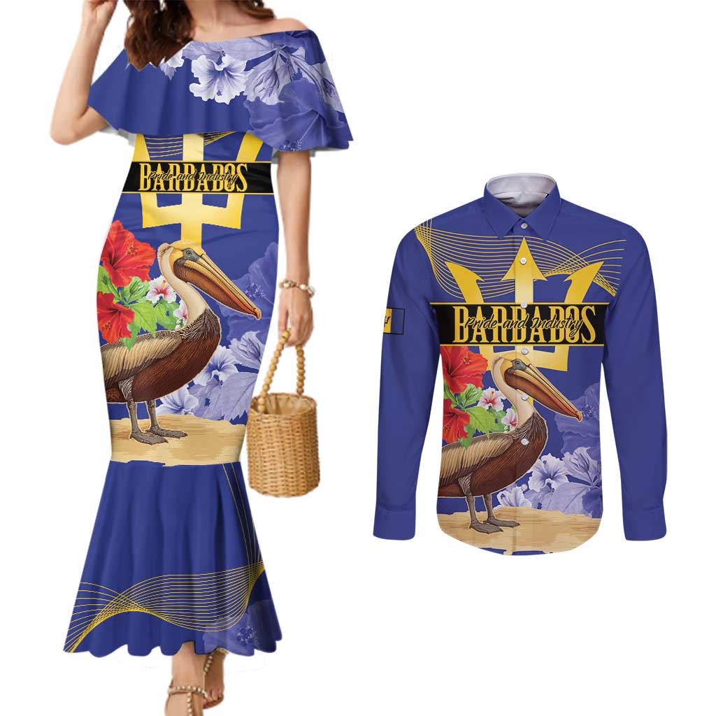 Barbados Independence Day Couples Matching Mermaid Dress and Long Sleeve Button Shirt 30 November Brown Pelican With Trident