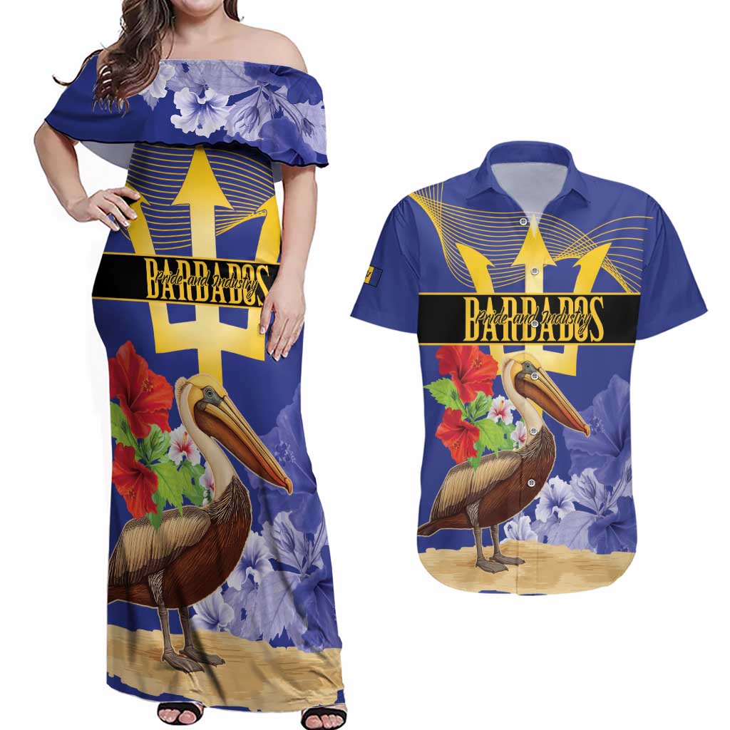 Barbados Independence Day Couples Matching Off Shoulder Maxi Dress and Hawaiian Shirt 30 November Brown Pelican With Trident - Wonder Print Shop