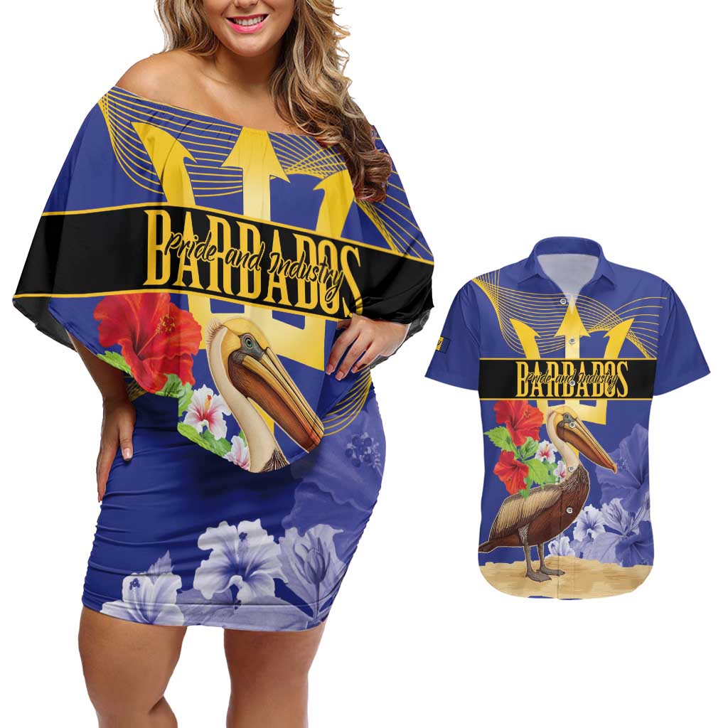 Barbados Independence Day Couples Matching Off Shoulder Short Dress and Hawaiian Shirt 30 November Brown Pelican With Trident - Wonder Print Shop