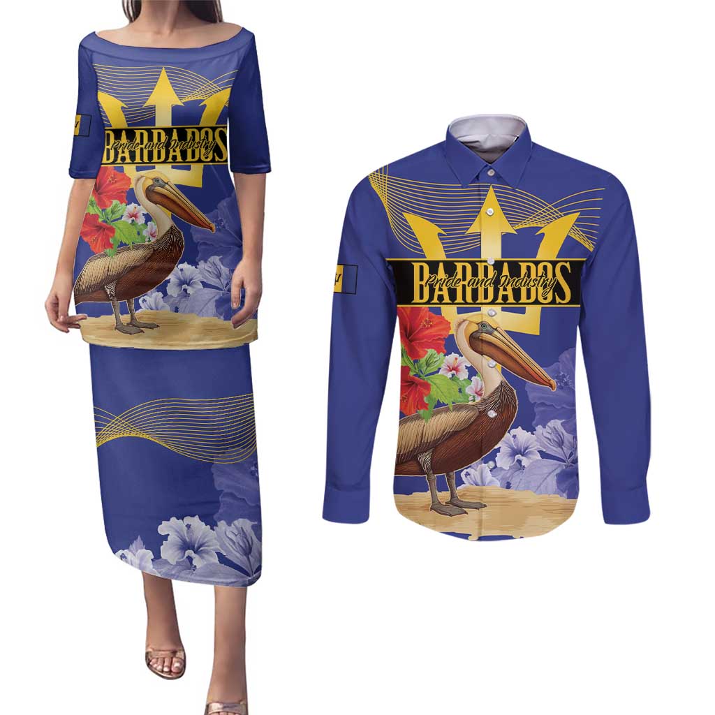 Barbados Independence Day Couples Matching Puletasi and Long Sleeve Button Shirt 30 November Brown Pelican With Trident - Wonder Print Shop