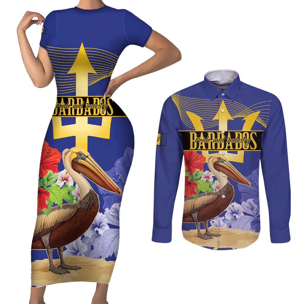 Barbados Independence Day Couples Matching Short Sleeve Bodycon Dress and Long Sleeve Button Shirt 30 November Brown Pelican With Trident - Wonder Print Shop