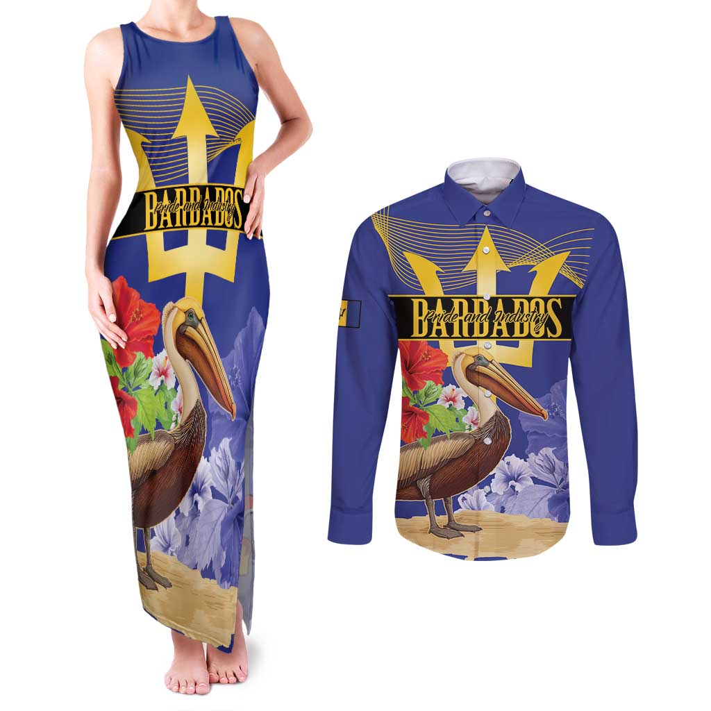 Barbados Independence Day Couples Matching Tank Maxi Dress and Long Sleeve Button Shirt 30 November Brown Pelican With Trident - Wonder Print Shop