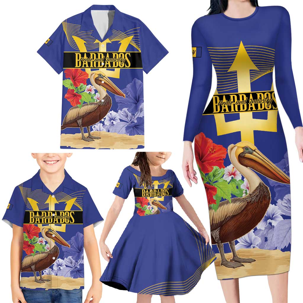 Barbados Independence Day Family Matching Long Sleeve Bodycon Dress and Hawaiian Shirt 30 November Brown Pelican With Trident - Wonder Print Shop